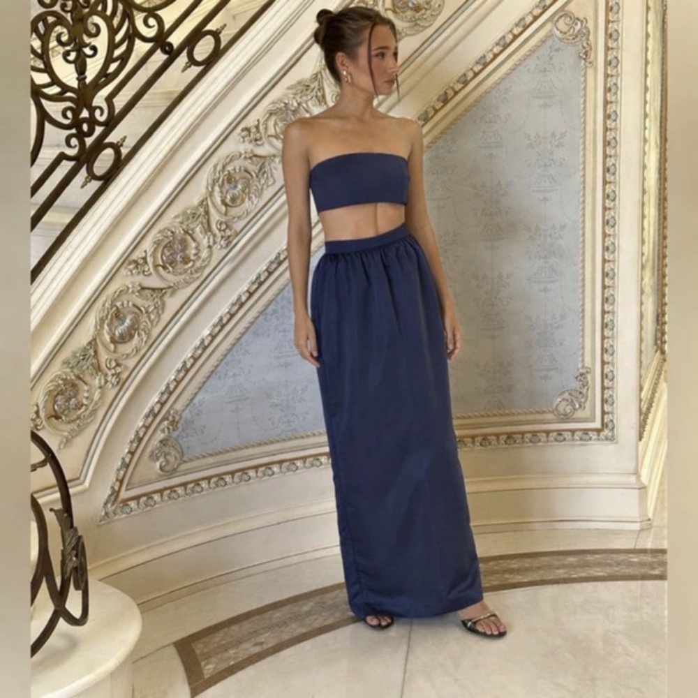 WeWoreWhat Midnight Blue Strapless Crop Top & Maxi Skirt Set